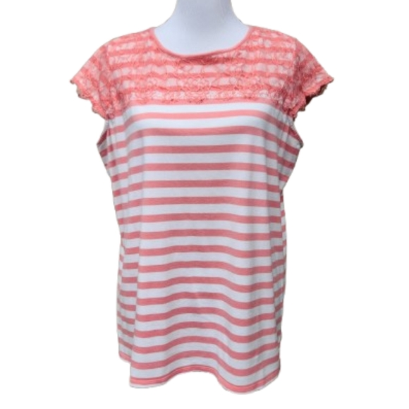 ELLE Mixed Media Striped Blouse Coral Pink White Lace Cap Sleeves - Picture 1 of 14